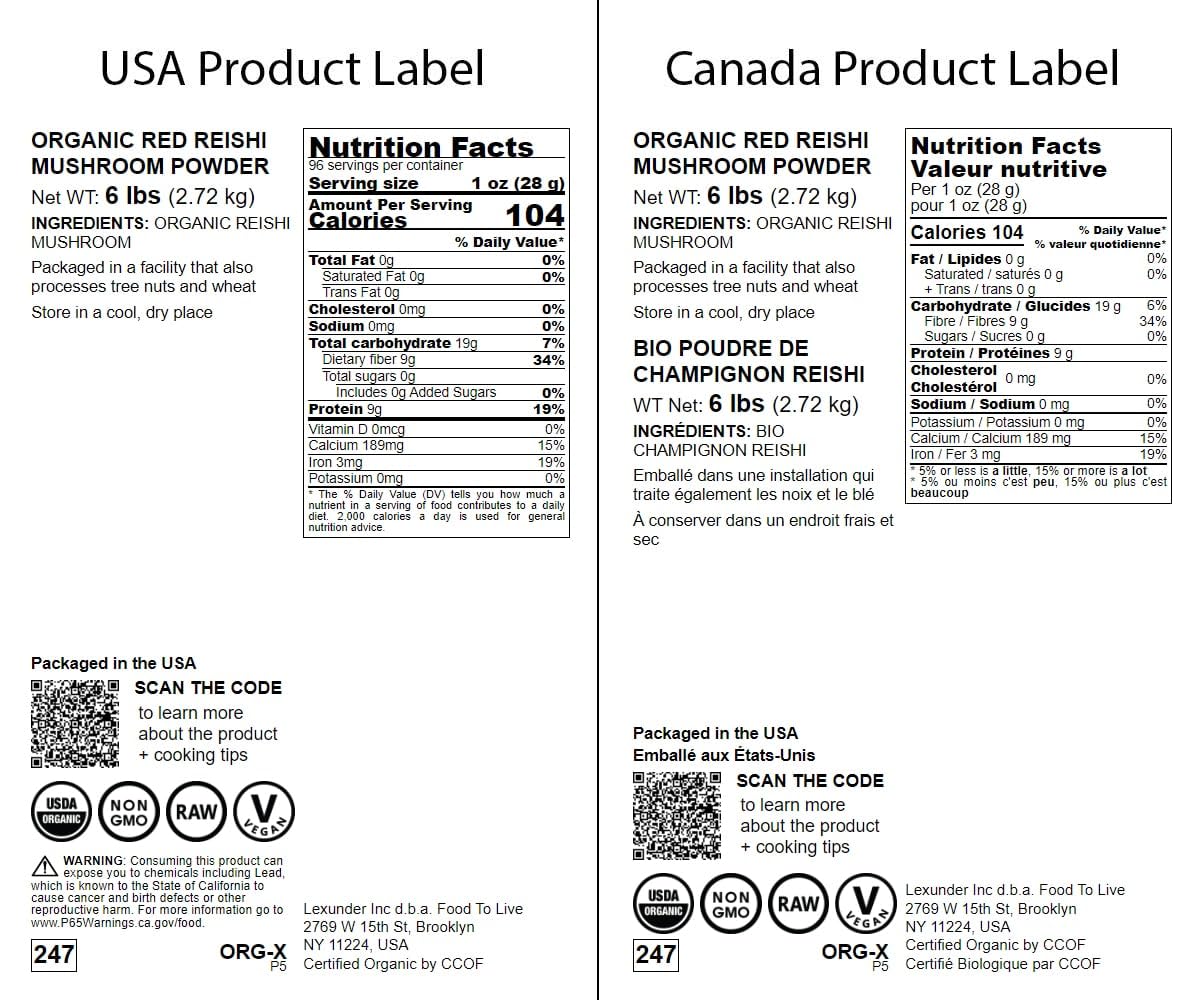 Food to Live Red Reishi powder label emphasizes organic, non-GMO ingredients.