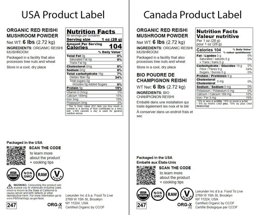 Food to Live Red Reishi powder label emphasizes organic, non-GMO ingredients.