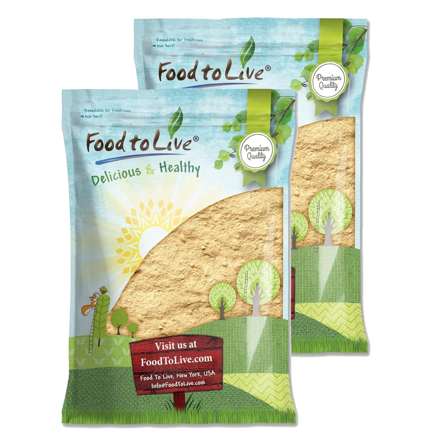 Food to Live Yellow Maca Powder bulk container highlights high vitamin C and B6.