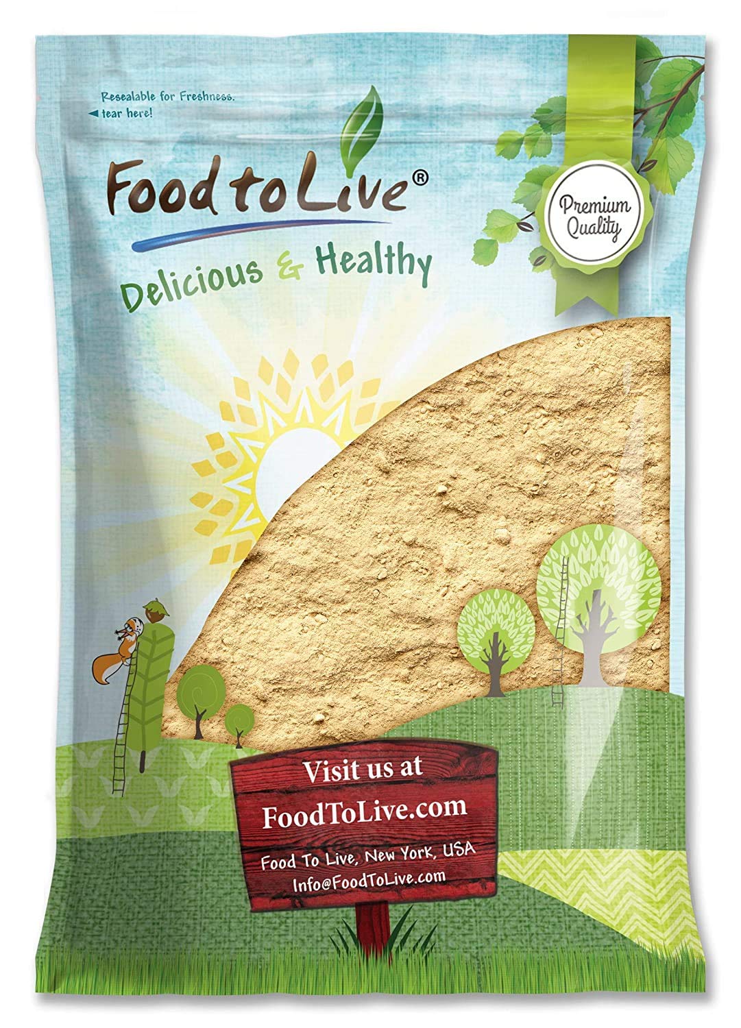 Food to Live Yellow Maca Powder bulk container displaying the product for smoothies