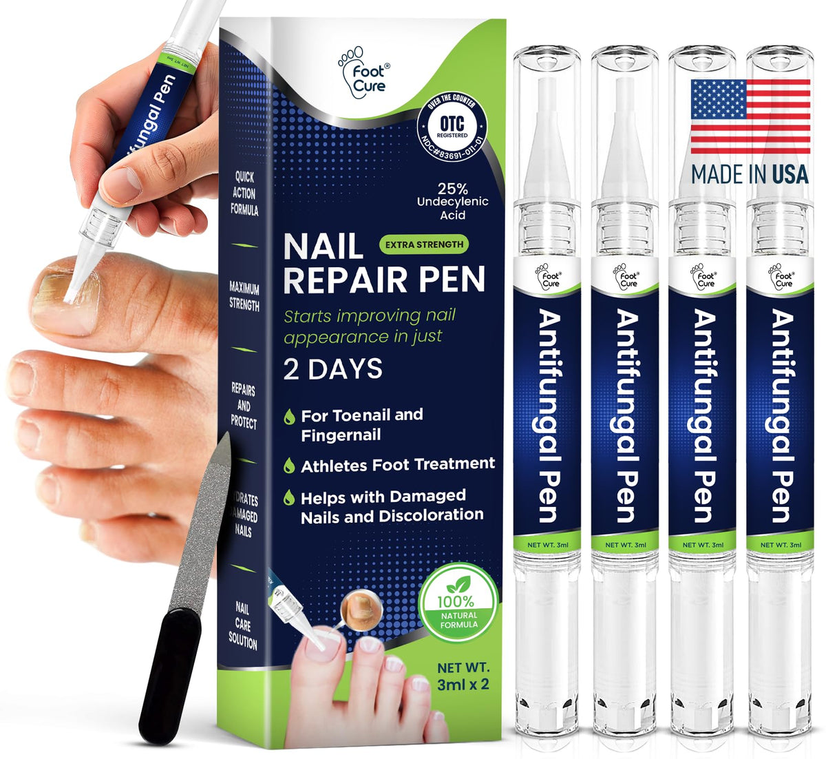 Foot Cure Nail Repair Pen being applied to a toenail for a healthy-looking appearance.