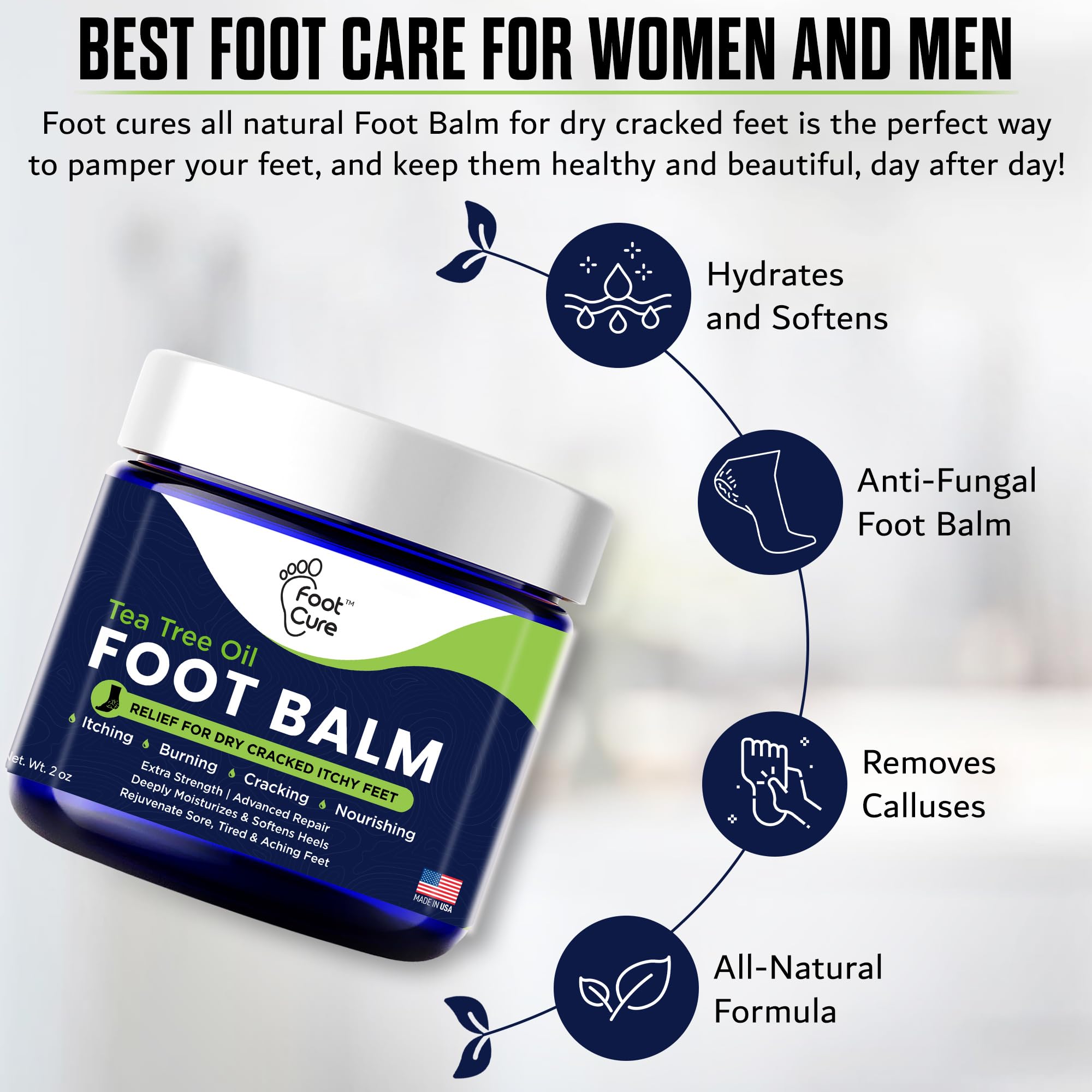 Close-up of FOOT CURE balm ingredients highlighting tea tree oil for soothing foot care