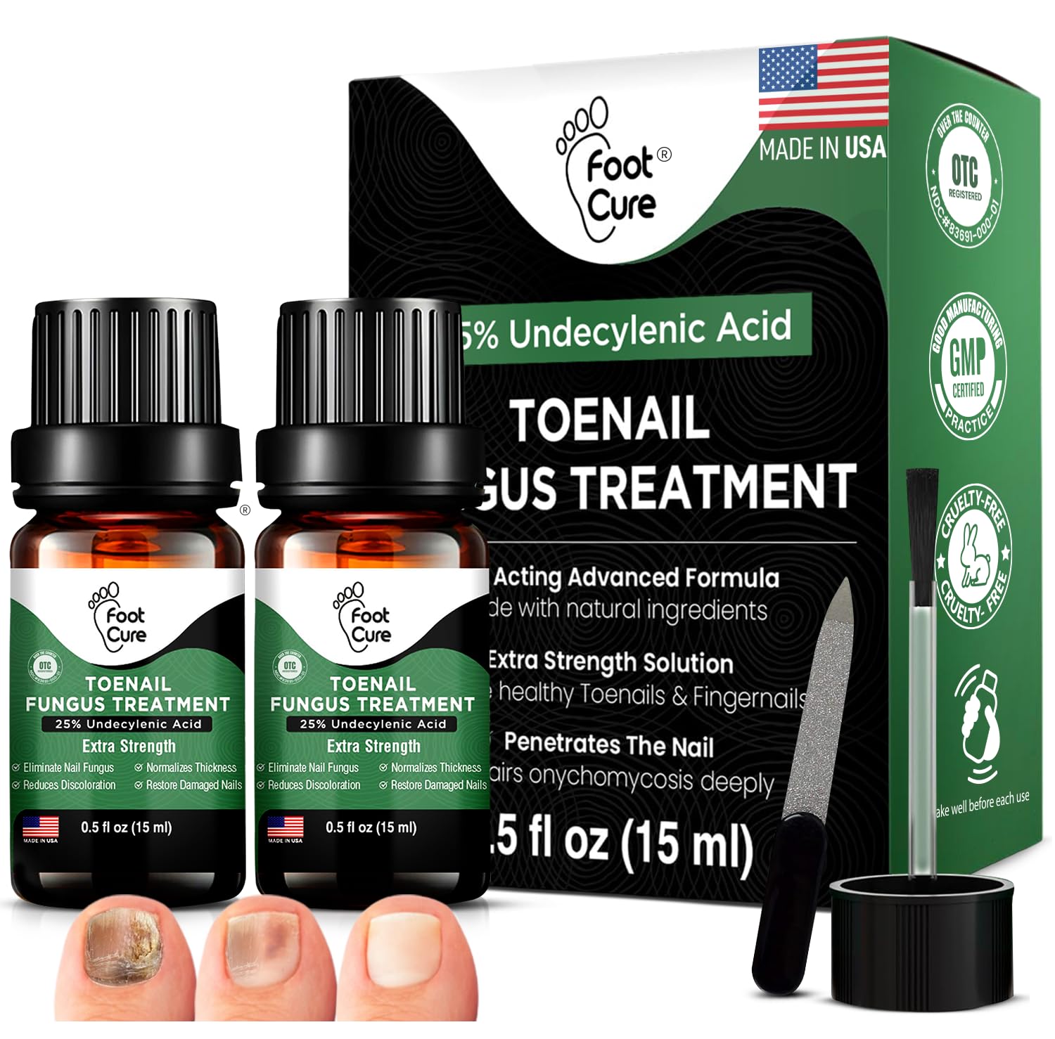 Foot Cure toenail renewal bottle close-up with natural oils for nails.