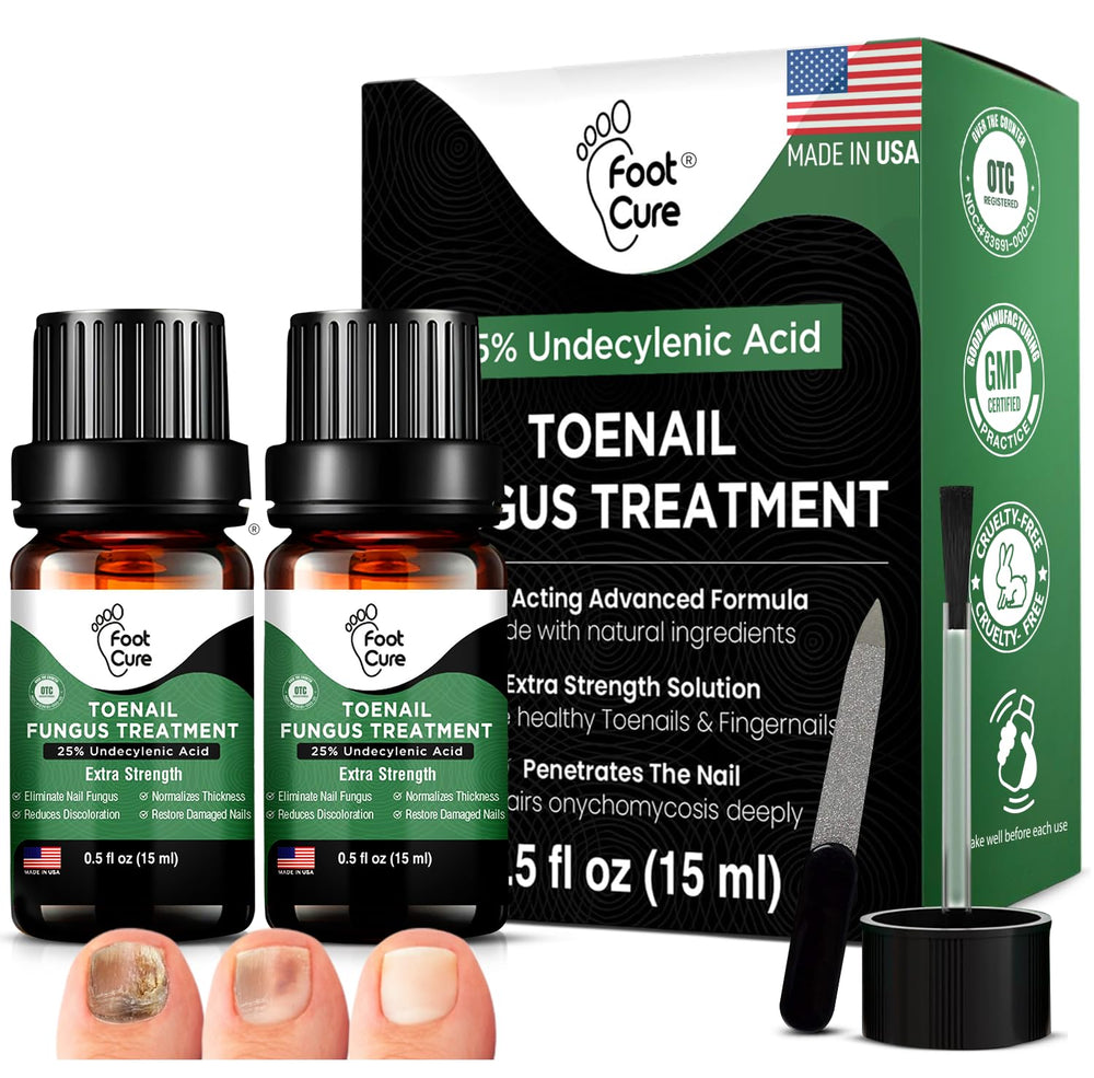 Foot Cure toenail renewal bottle close-up with natural oils for nails.
