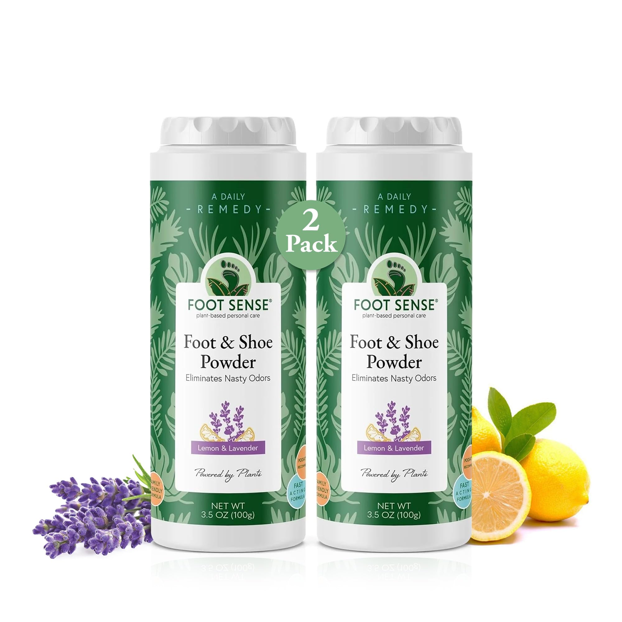 Foot Sense all-natural foot powder packaging shows talc-free formula for long-lasting odor control.