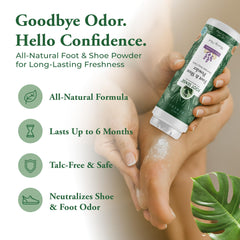 Foot Sense foot deodorant application demonstrates easy, everyday use for fresh feet.