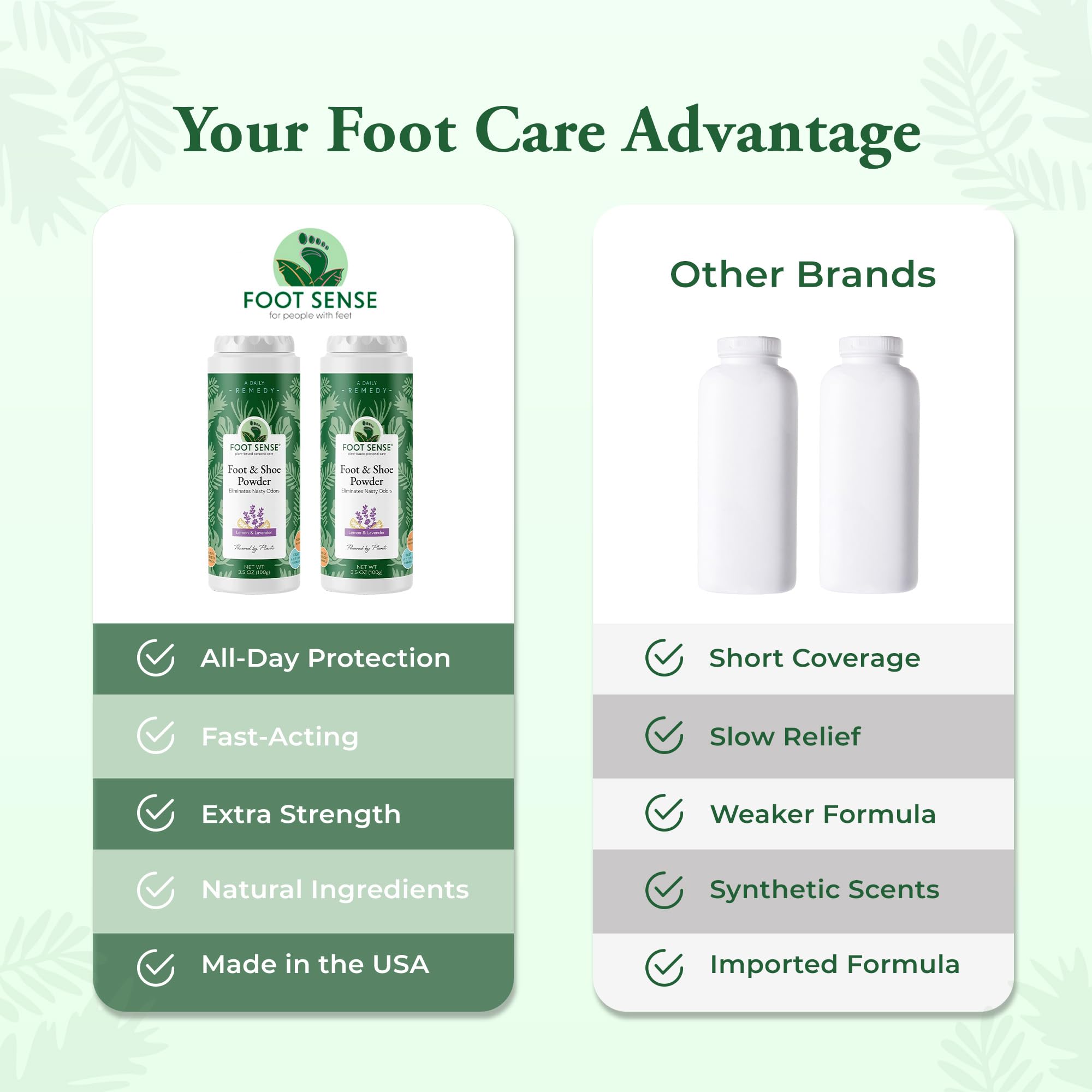 Foot Sense talc-free formula communicates safe, everyday odor protection for all ages.