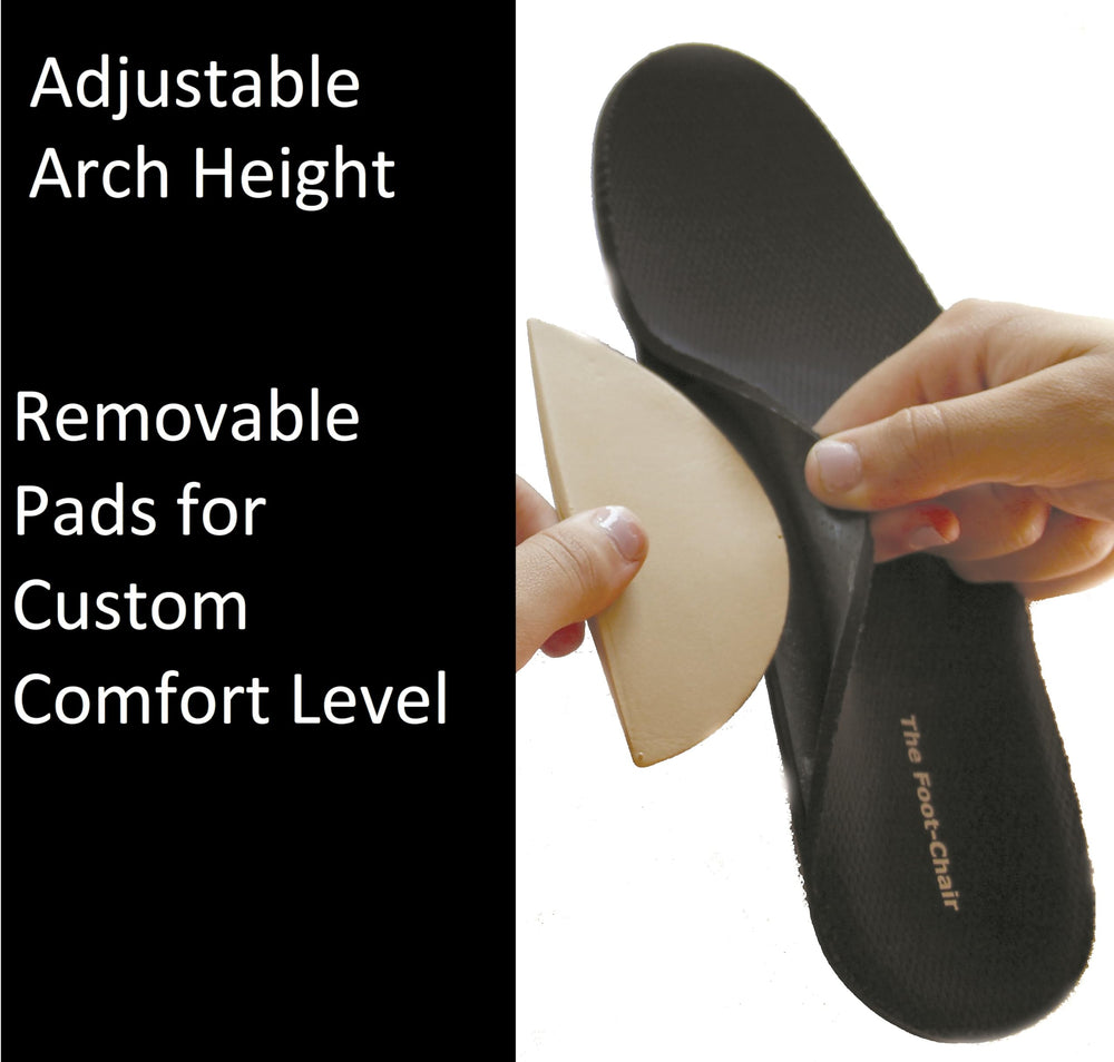 FootChair heel and arch cushions reduce pressure during long walks.
