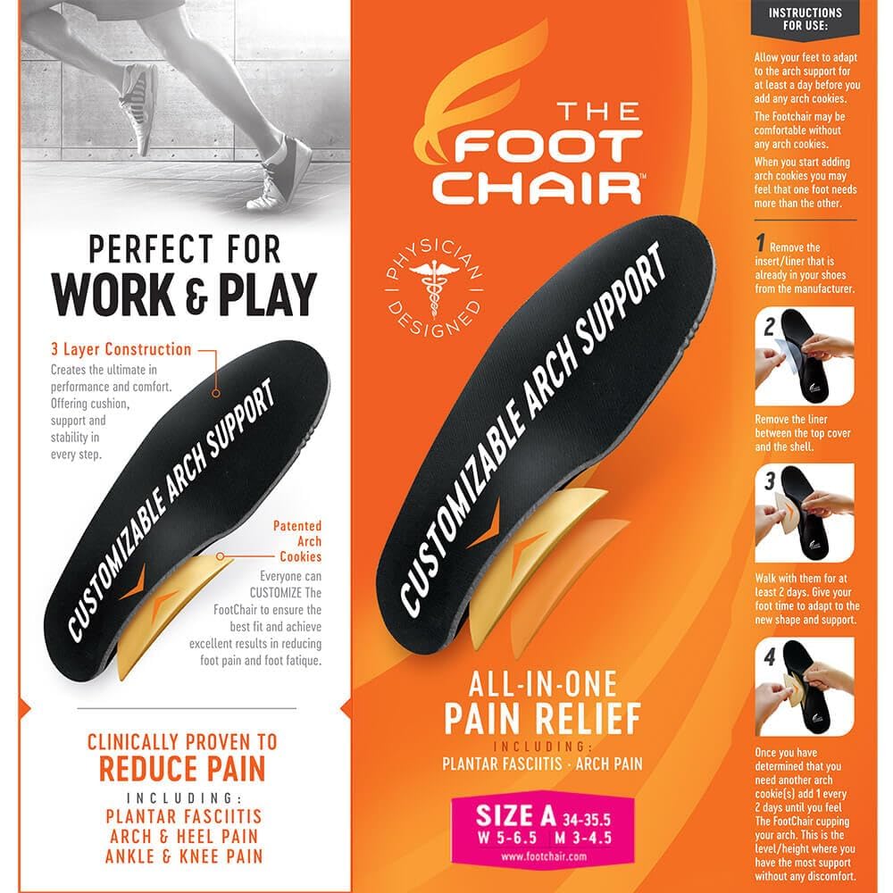 FootChair orthotics with removable pads show adjustable arch for personalized fit.