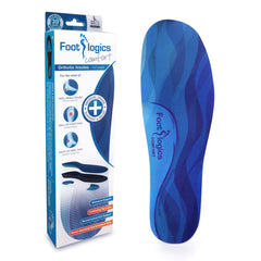 Footlogics Comfort arch-support insoles shown under a pair of lace-up sneakers.