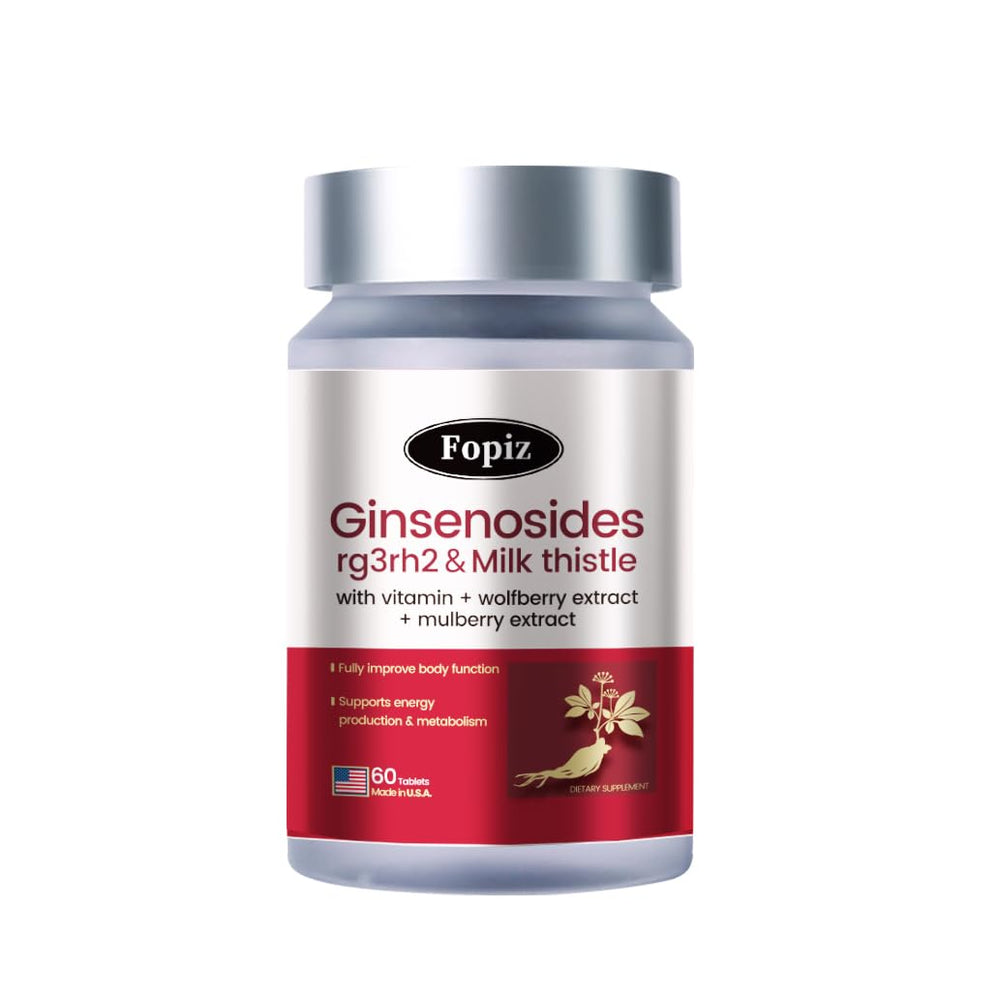 FOPIZ ginsenosides RG3RH2 milk thistle bottle supports balanced energy and daily wellness.
