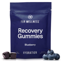 For Wellness Electrolyte Recovery Gummies in a blue bottle support hydration during workouts.