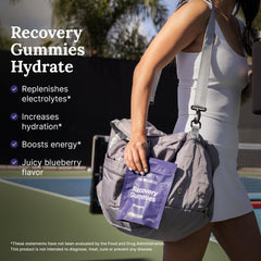 For Wellness gummies closeup showing vibrant blueberry flavor and vitamin-rich hydration on the go.