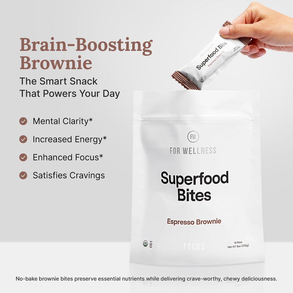 For Wellness Focus Bites ingredients label shows organic, non-GMO, preservative-free promise.