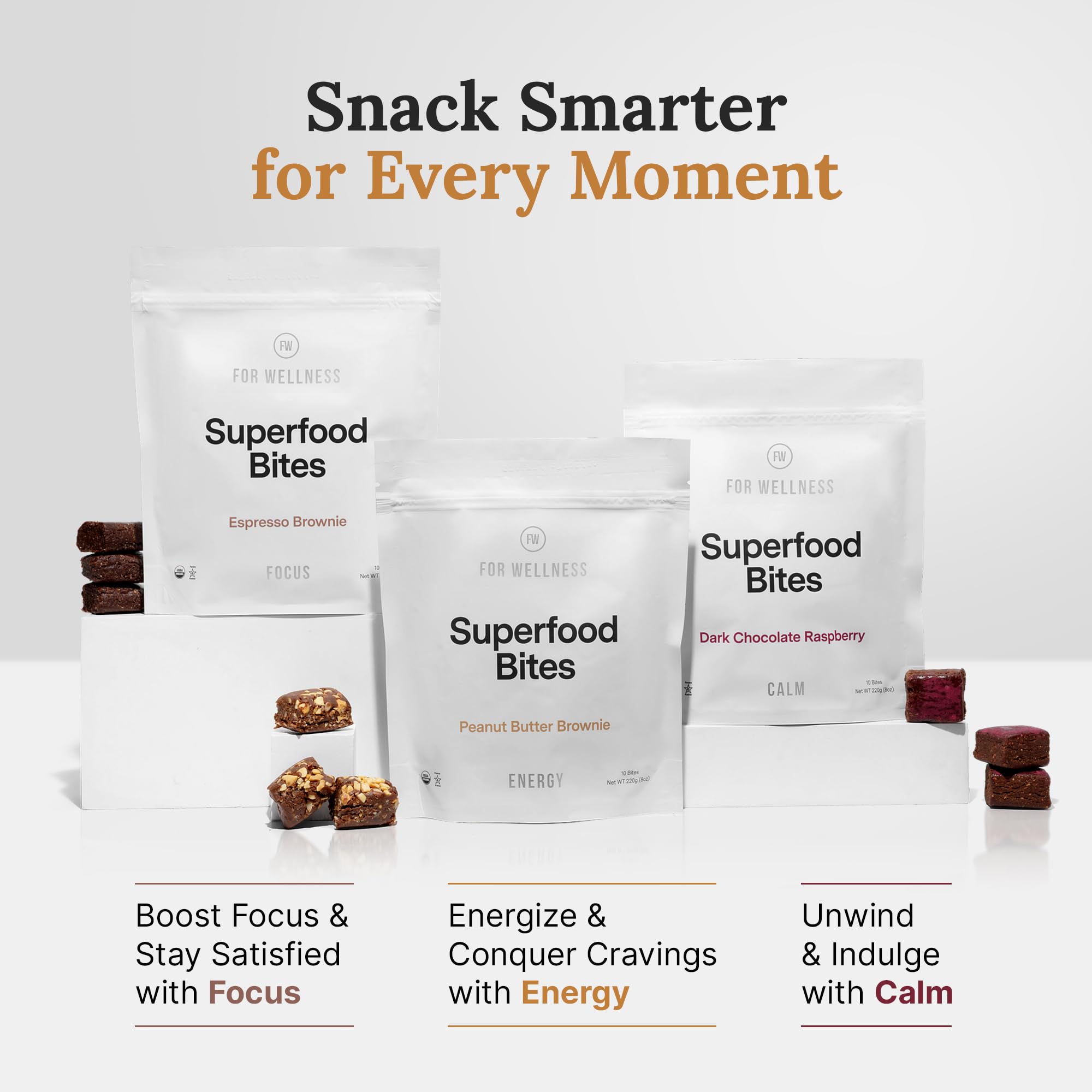 For Wellness Focus Bites packaging closeup showing label details and certifications.