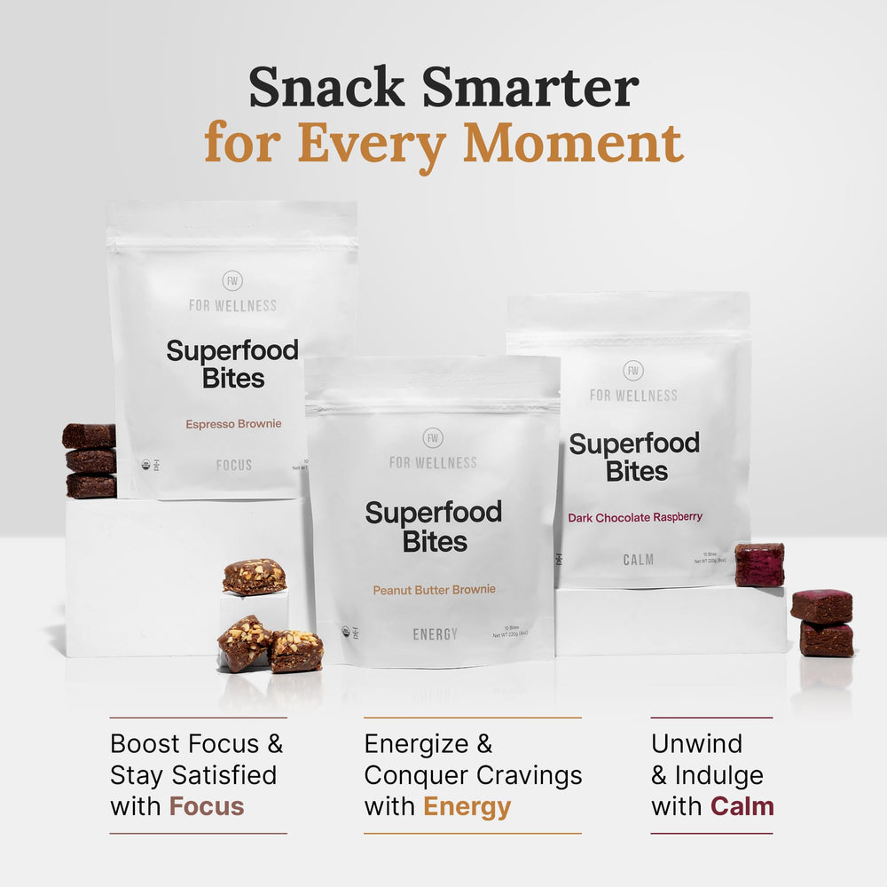 For Wellness Focus Bites packaging closeup showing label details and certifications.