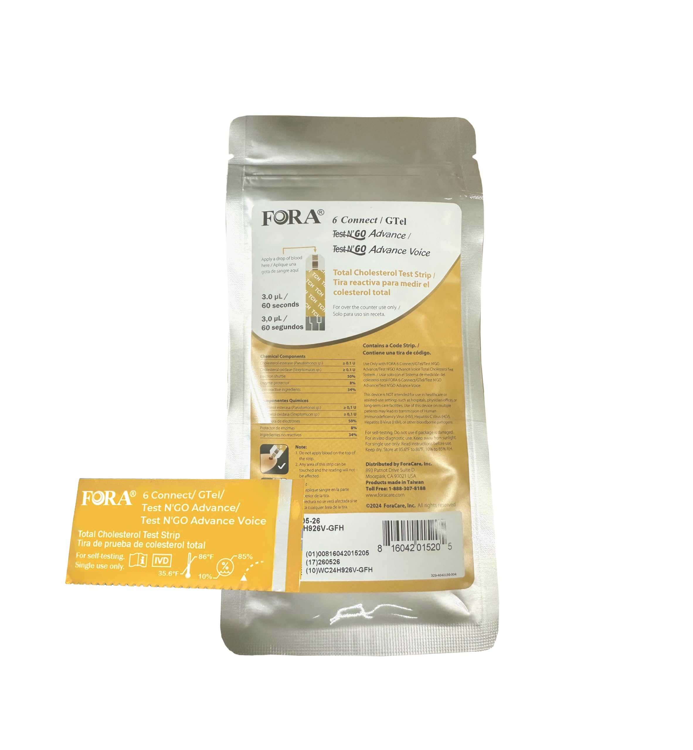 FORA blood total cholesterol test strip for Test N’GO meters, enabling quick Bluetooth data sync.