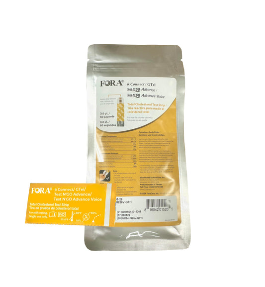 FORA blood total cholesterol test strip for Test N’GO meters, enabling quick Bluetooth data sync.