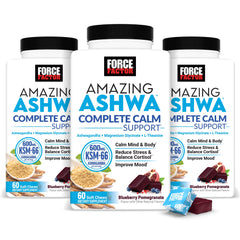 Force Factor Amazing Ashwa bottle front promotes daily calm and convenient use.