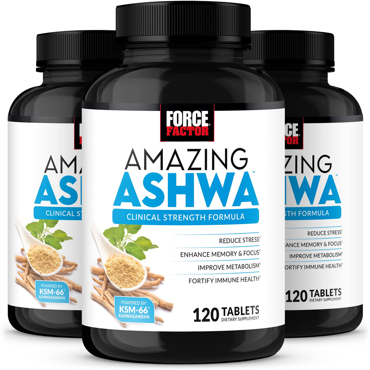 Force Factor Amazing Ashwa bottle shown for daily stress support and focus