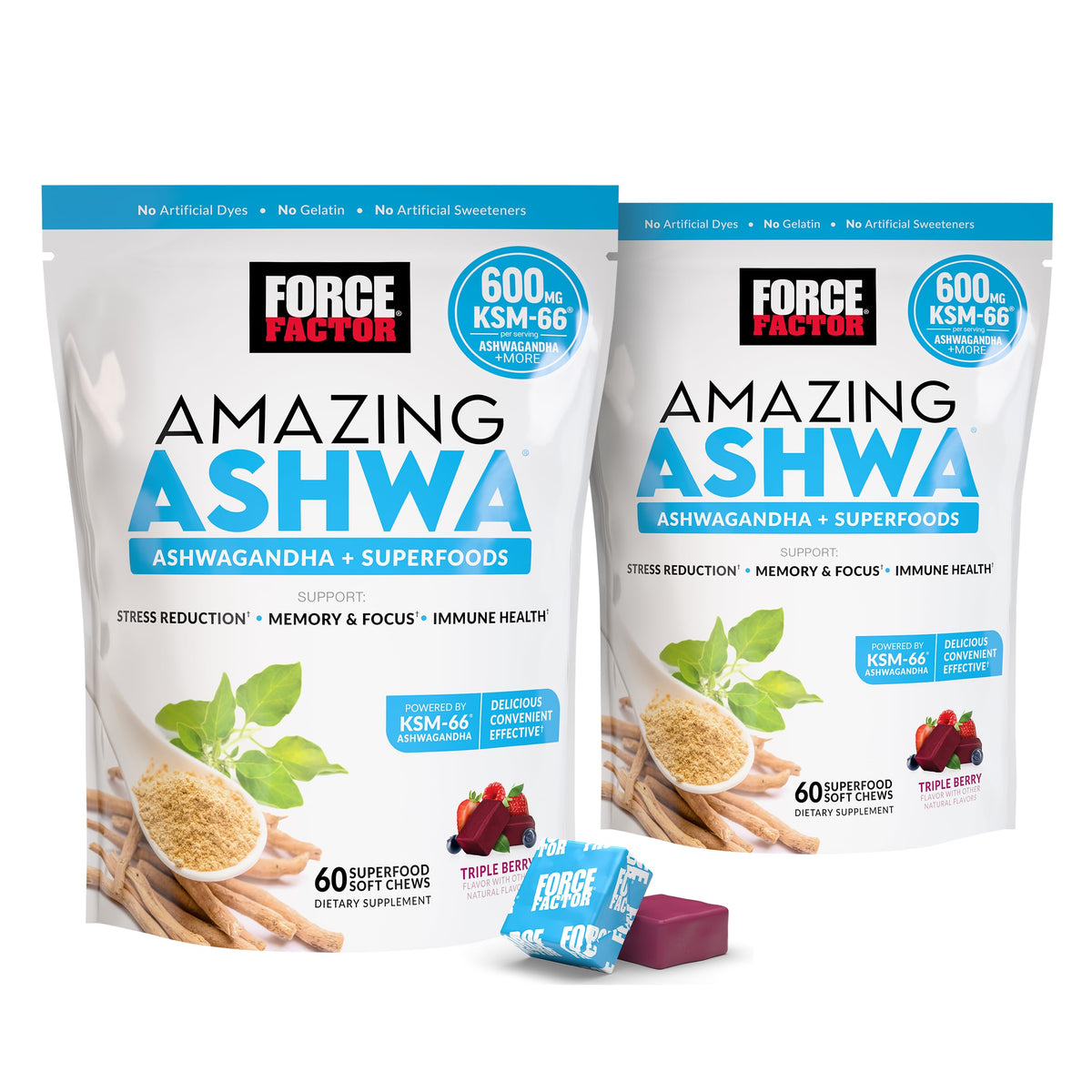 Force Factor Amazing Ashwa bottle highlighting KSM-66 formula for stress support