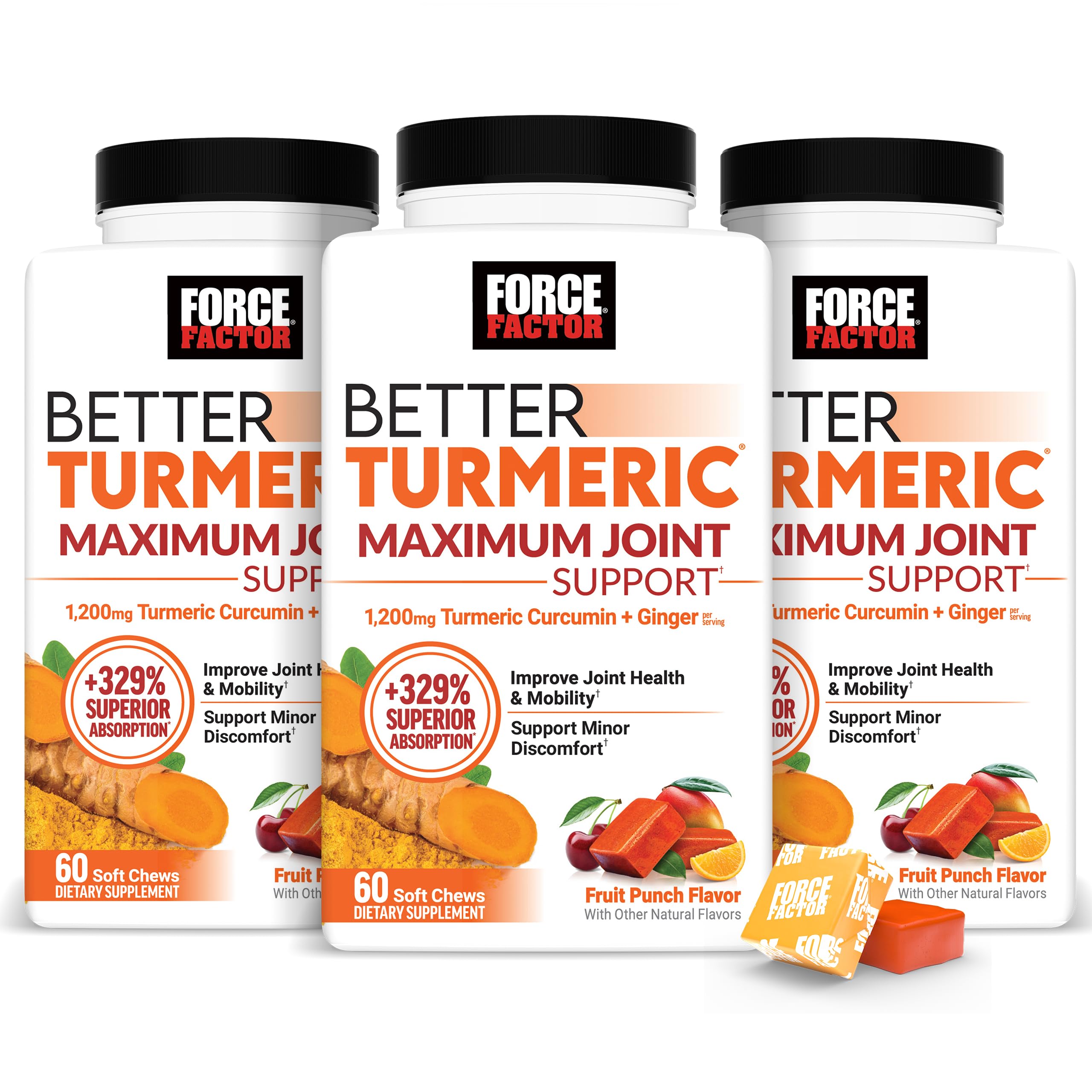 Force Factor Better Turmeric bottle label highlighting premium joint support and convenience.