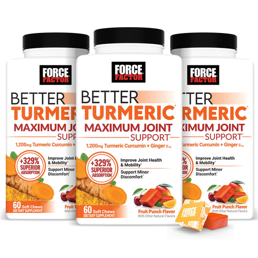 Force Factor Better Turmeric bottle label highlighting premium joint support and convenience.