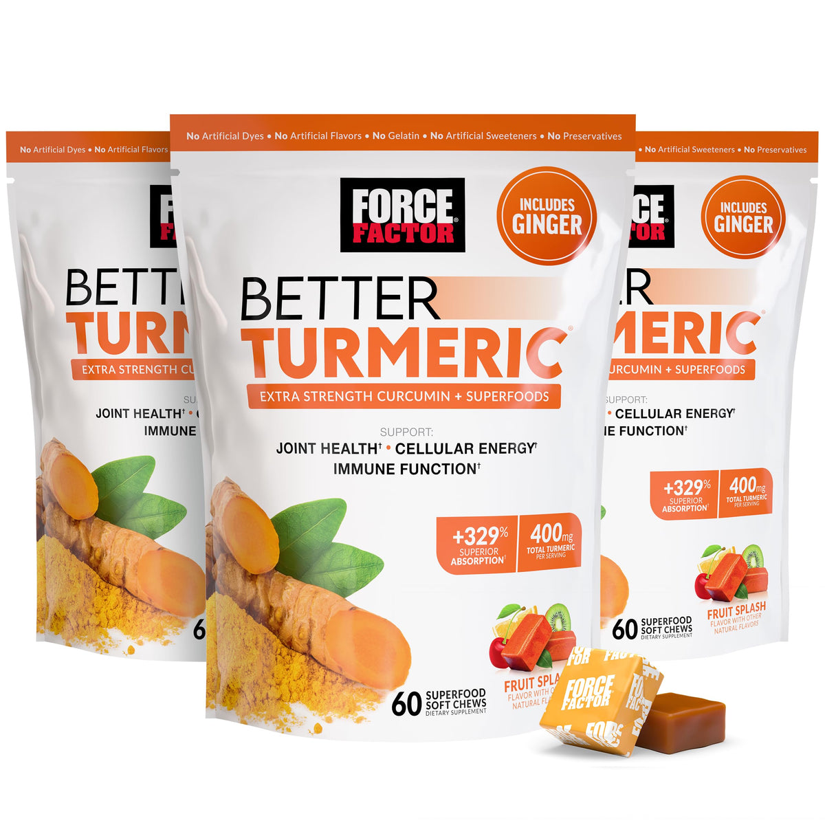 Force Factor Better Turmeric Soft Chews Fruit Splash bottle highlights convenient daily joint support.