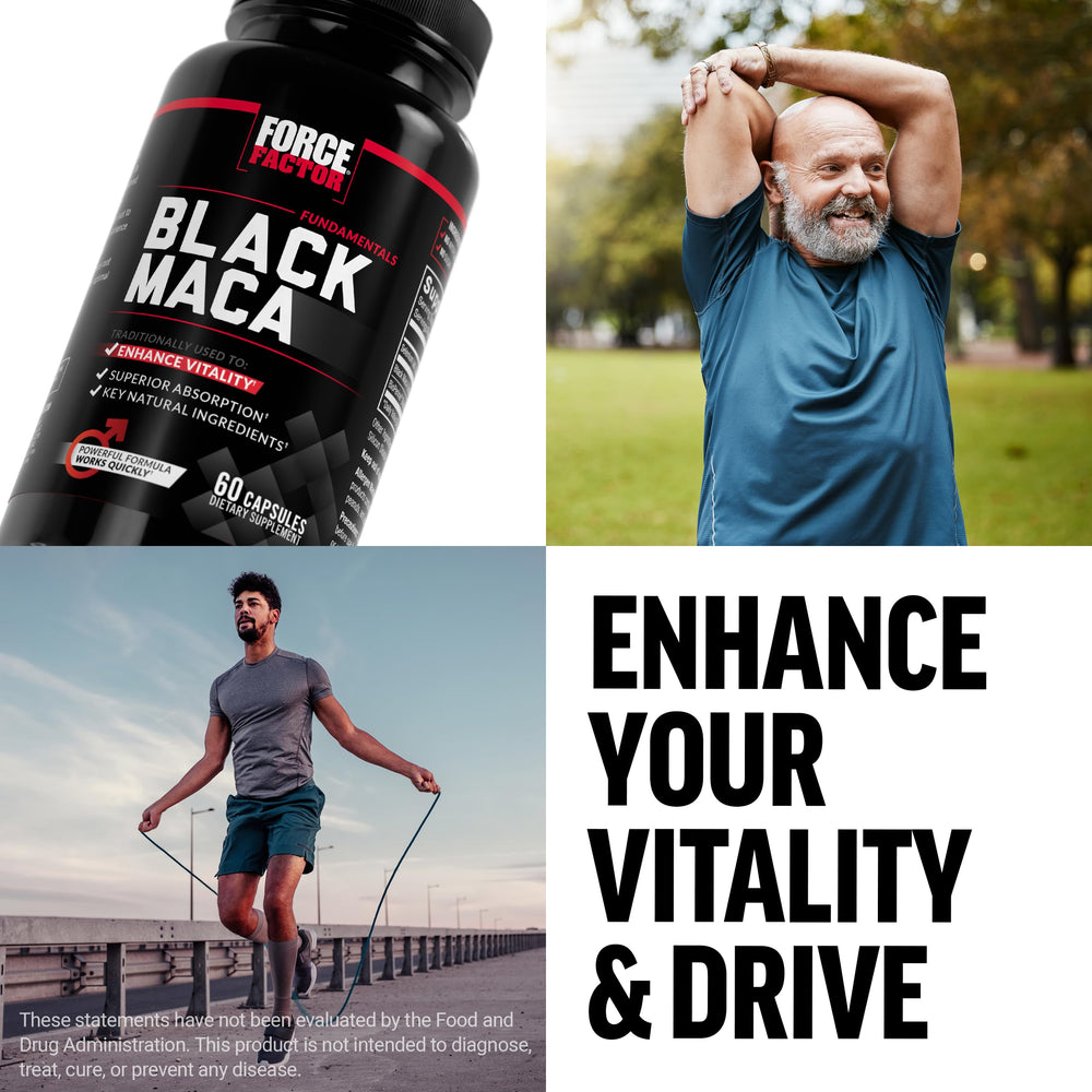 Force Factor Black Maca bottle on shelf demonstrates easy daily routine.