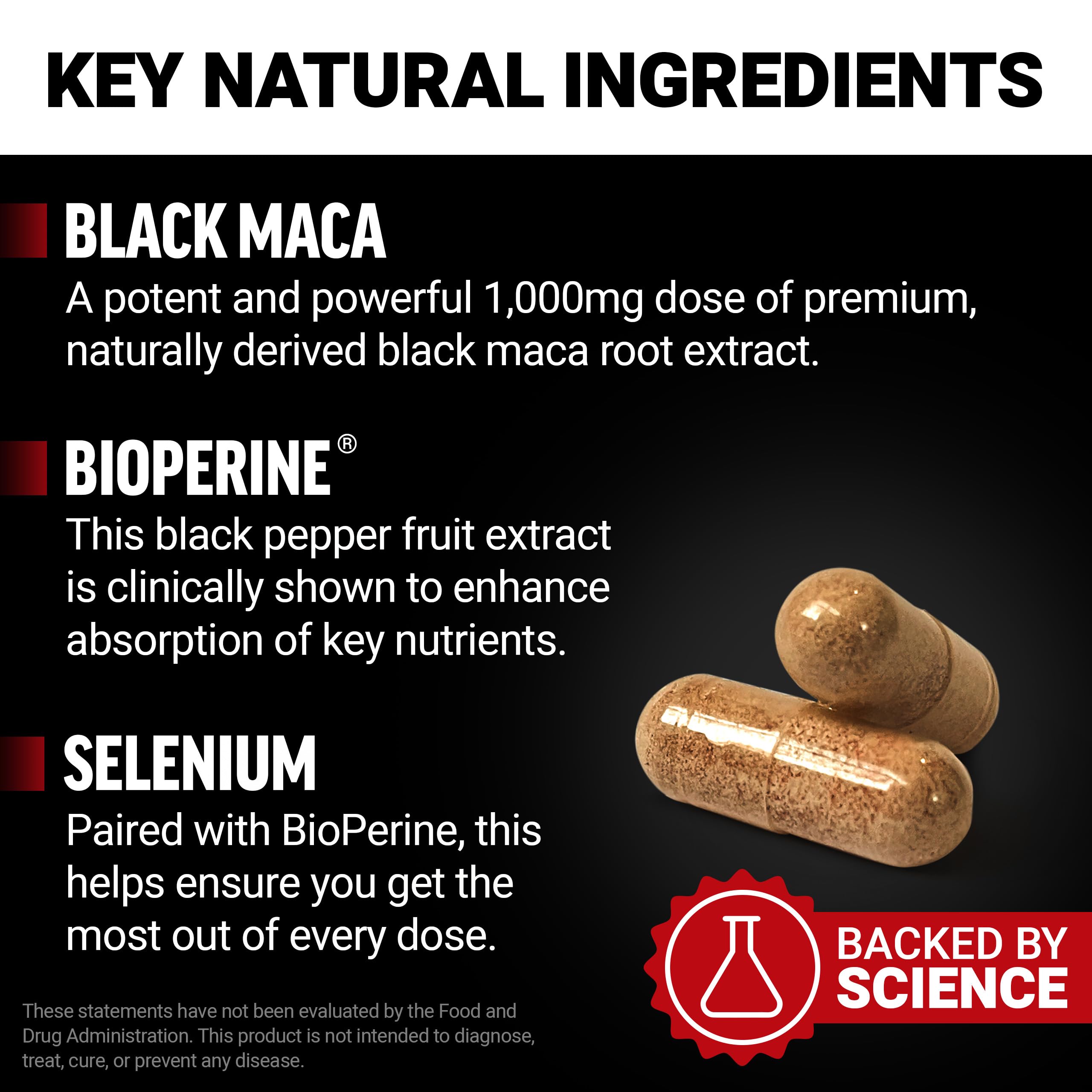 Force Factor Black Maca label focuses on BioPerine for better absorption.