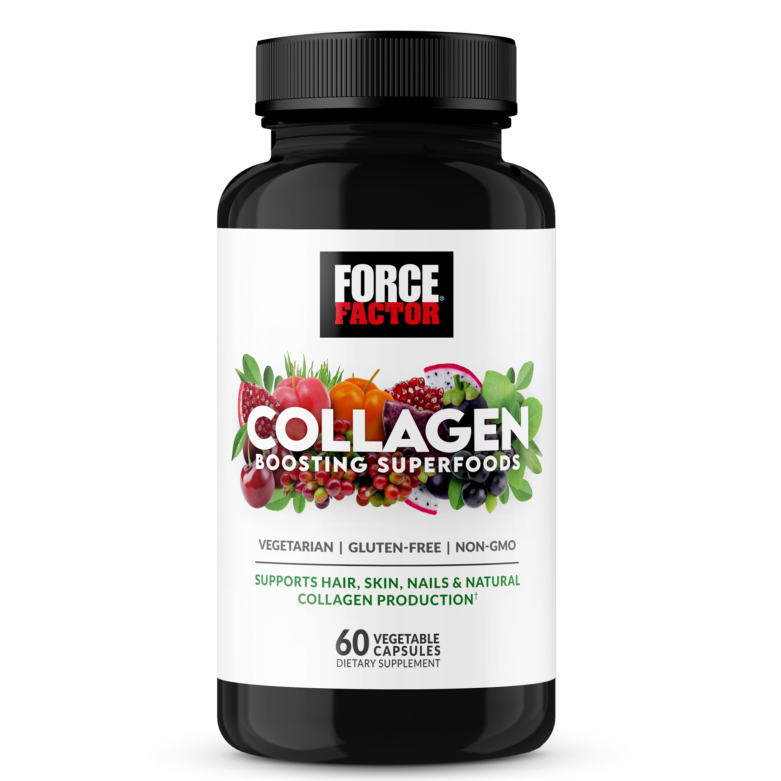 Force Factor Collagen Boosting Superfoods bottle label highlights plant-based collagen support for skin.