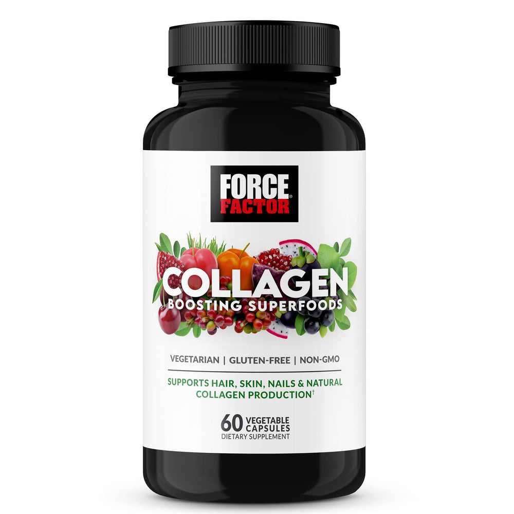 Force Factor Collagen Boosting Superfoods bottle label highlights plant-based collagen support for skin.