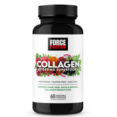 Force Factor Collagen Boosting Superfoods bottle label highlights plant-based collagen support for skin.