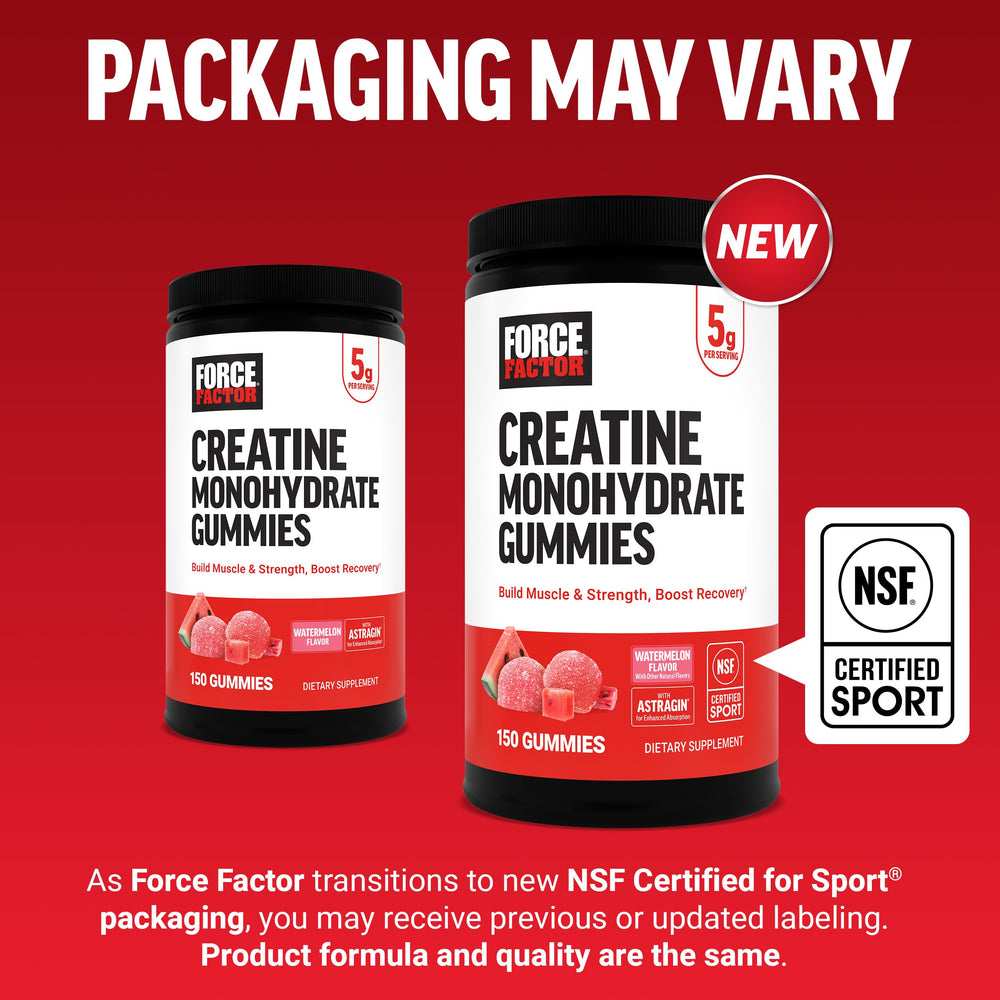 Force Factor Creatine Gummies Watermelon label-back emphasizes ingredients and certifications.