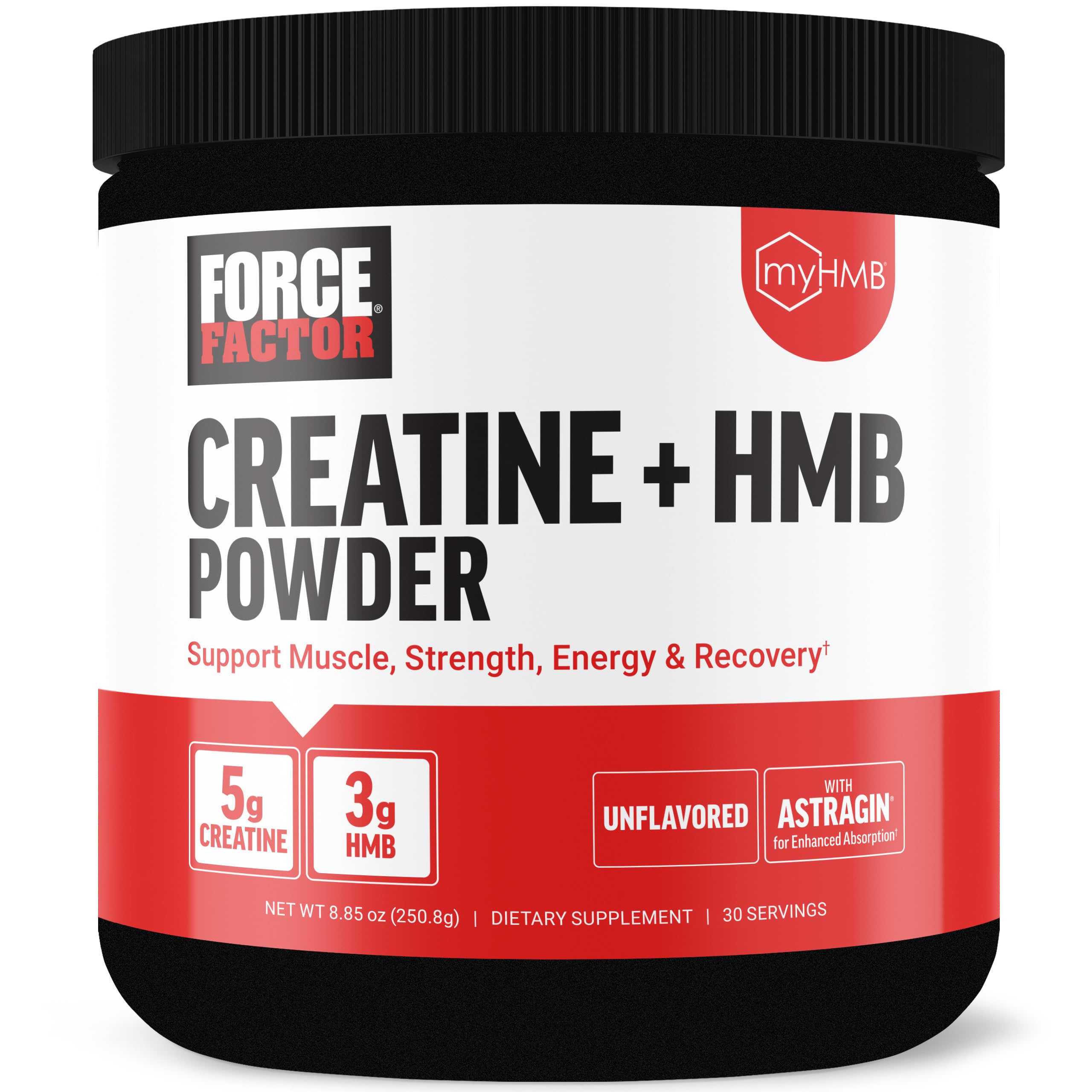 Force Factor Creatine HMB Powder bottle shows 30 servings for lean muscle support.