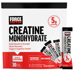 Force Factor Creatine On-The-Go Stick Pack unflavored boosts workout energy.