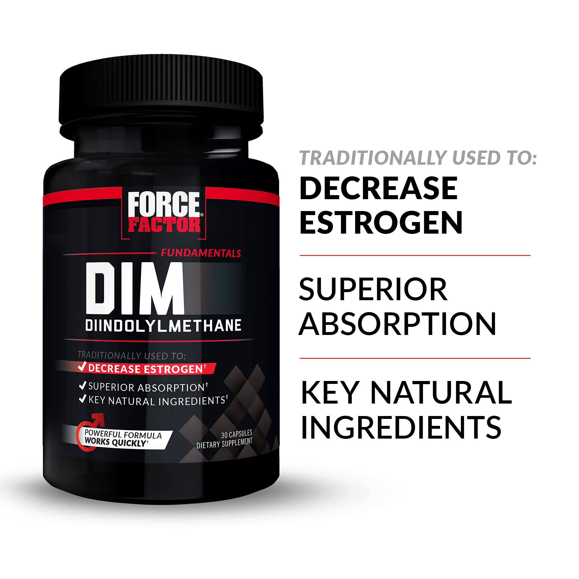 Force Factor DIM 3-pack bottle back—nutrition facts and dosage guidance.