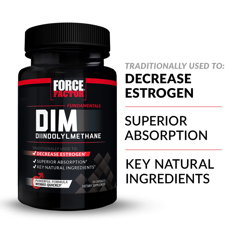 Force Factor DIM 3-pack bottle back—nutrition facts and dosage guidance.
