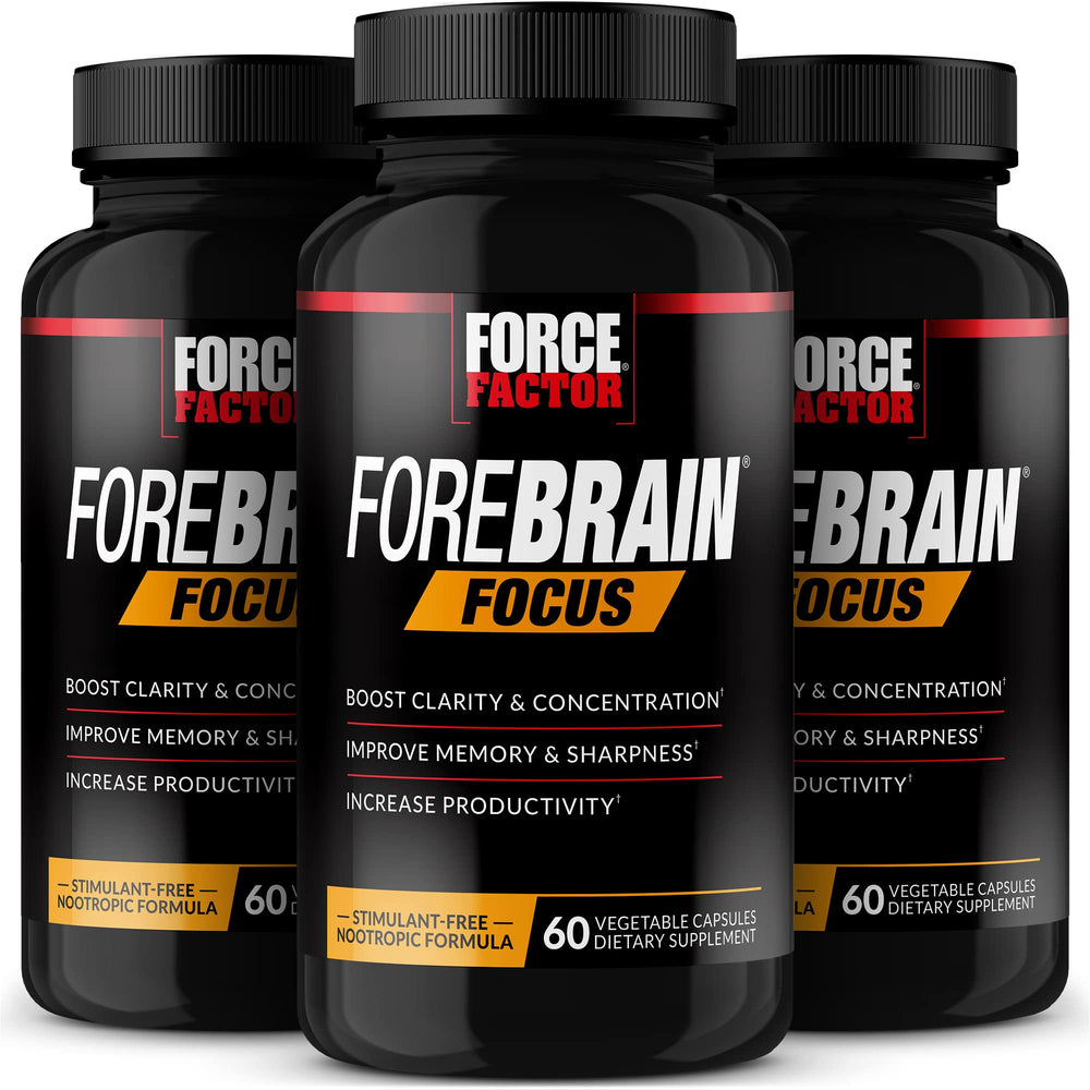 Force Factor Forebrain Focus bottle front for clear-minded study sessions.