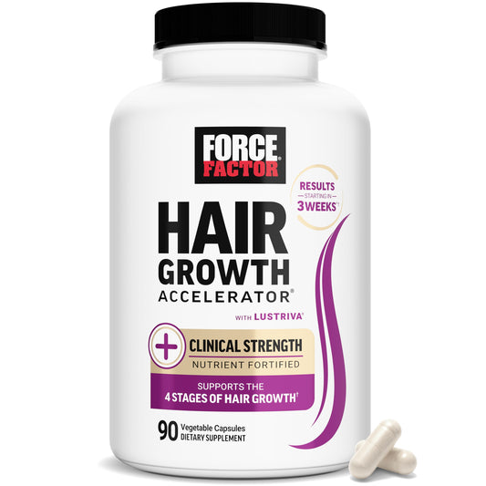 Force Factor Hair Growth Accelerator bottle shows premium multivitamin for hair, skin, nails.
