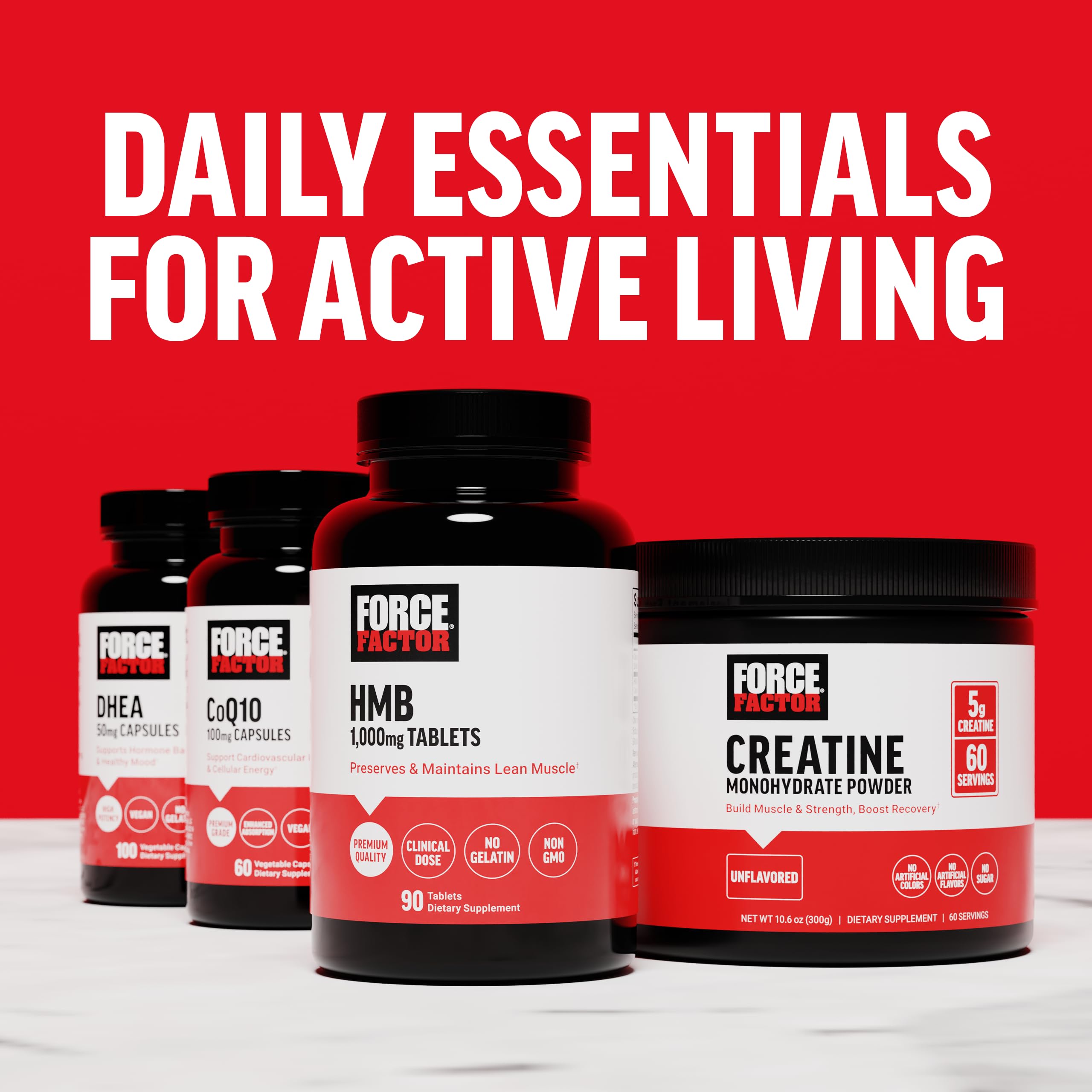 Force Factor HMB bottle shown with fitness equipment