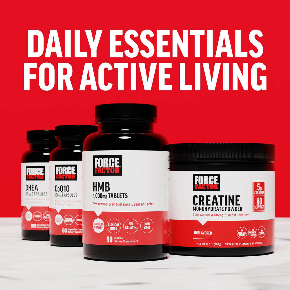 Force Factor HMB bottle shown with fitness equipment