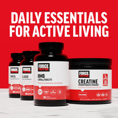 Force Factor HMB bottle shown with fitness equipment