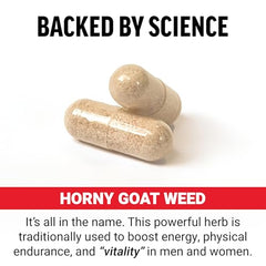 Close-up of Force Factor Horny Goat Weed capsules highlighting 750 mg dosage