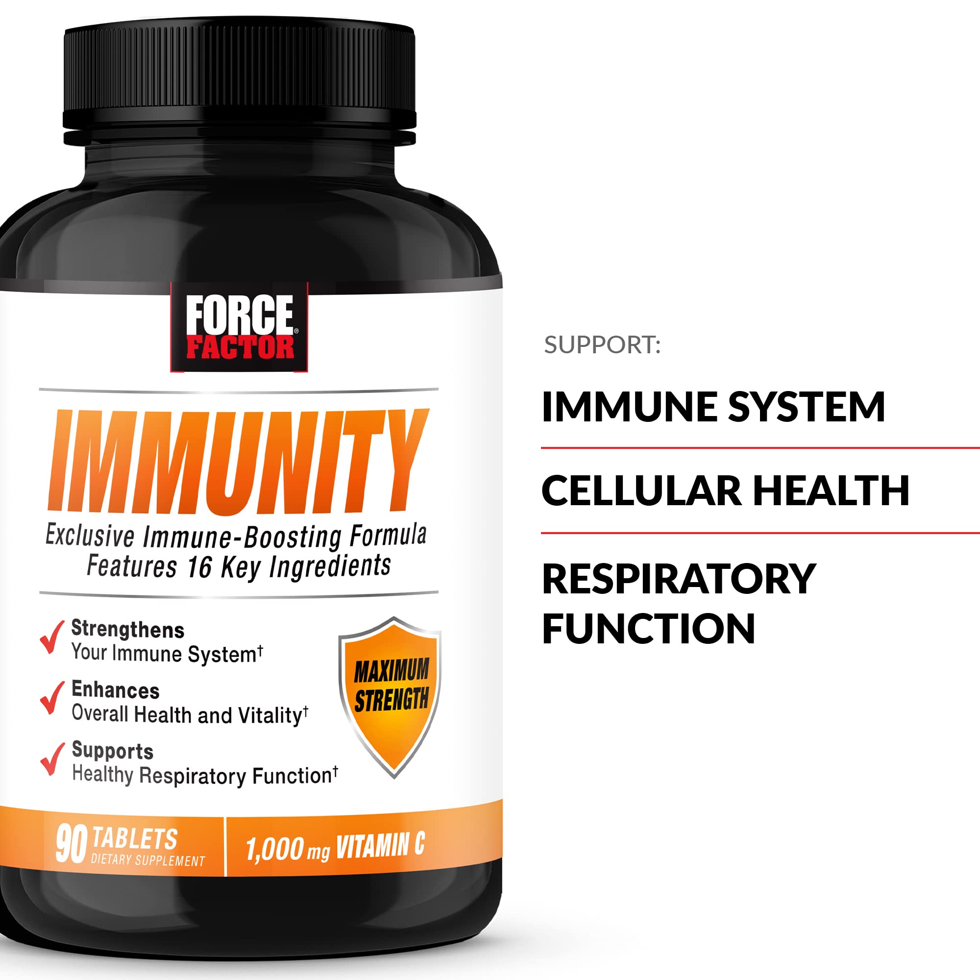 Force Factor Immunity tablets highlighting vitamin C strength for daily support.