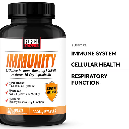 Force Factor Immunity tablets highlighting vitamin C strength for daily support.