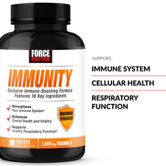 Force Factor Immunity tablets highlighting vitamin C strength for daily support.