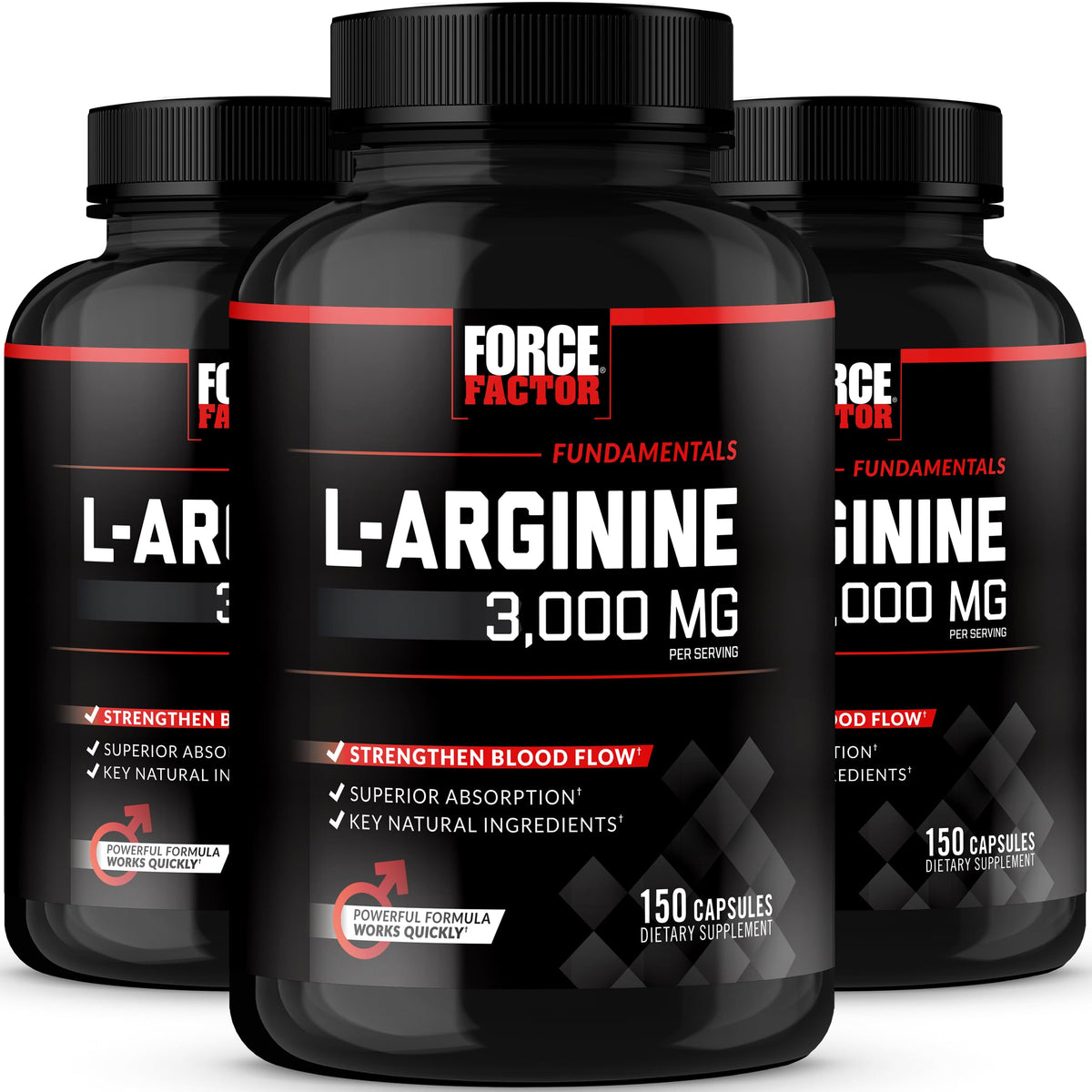 Force Factor L-Arginine bottle highlights 3000mg dose for enhanced blood flow.