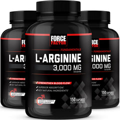 Force Factor L-Arginine bottle highlights 3000mg dose for enhanced blood flow.
