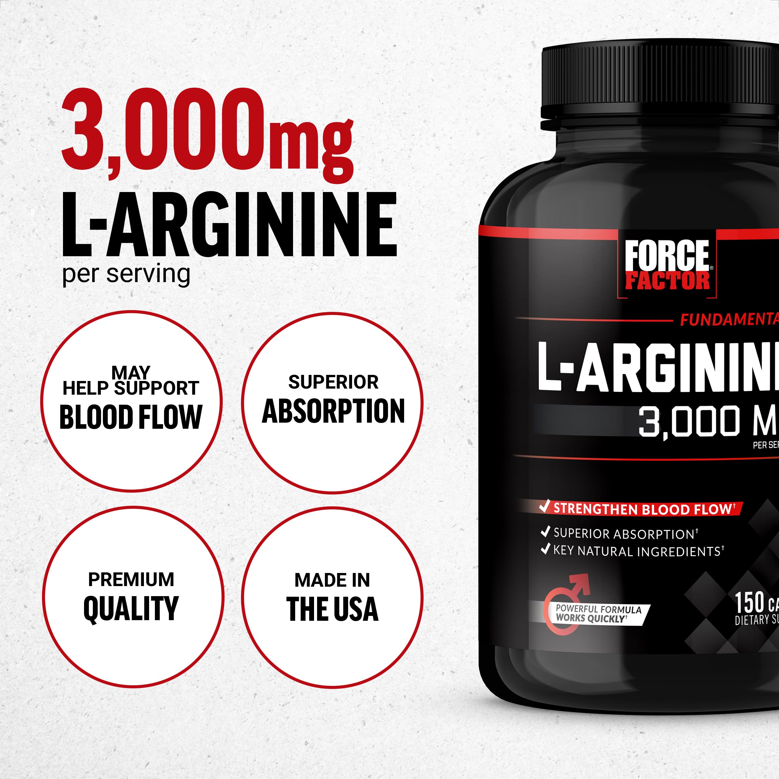 Force Factor L-Arginine capsules close-up emphasizes easy daily dosing.